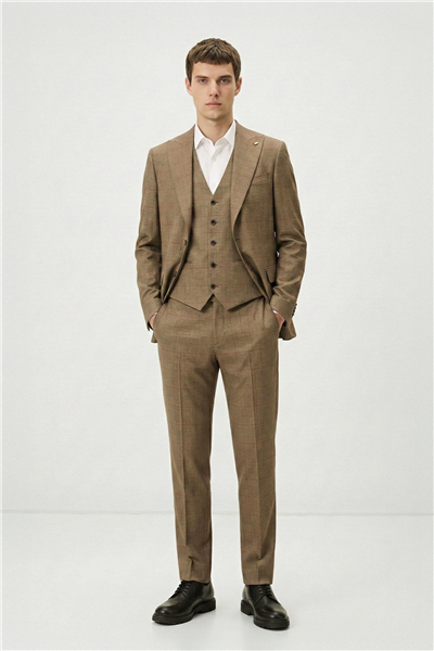 Giotelli Erkek Haki Dar Kesim Slim Fit Viskon Dokuma Ekose Çift Yırtmaçlı Kemerli Bel Tam Astarlı Mono Yaka 6 Drop 5li Takım Elbise