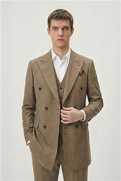 Giotelli Erkek Haki Dar Kesim Slim Fit Viskon Dokuma Ekose Çift Yırtmaçlı Kemerli Bel Tam Astarlı Mono Yaka 6 Drop 5li Takım Elbise