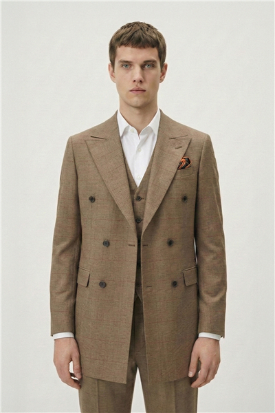 Giotelli Erkek Haki Dar Kesim Slim Fit Viskon Dokuma Ekose Çift Yırtmaçlı Kemerli Bel Tam Astarlı Mono Yaka 6 Drop 5li Takım Elbise