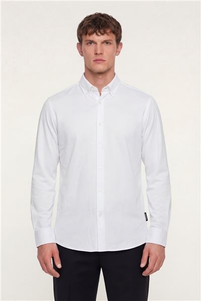 Giotelli Erkek Beyaz Dar Kesim Slim Fit %100 Pamuk Uzun Kollu Düğmeli Yaka Gömlek