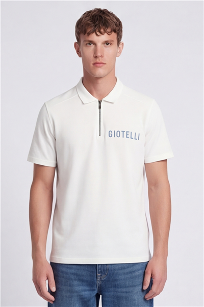 Giotelli Erkek Beyaz Normal Kesim Regular Fit Kısa Kollu Fermuarlı Dik Yaka Tişört