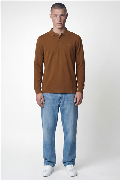 Giotelli Erkek Camel Normal Kesim Regular Fit %100 Pamuk Örme Uzun Kollu Polo Yaka Düğmeli Sweatshirt