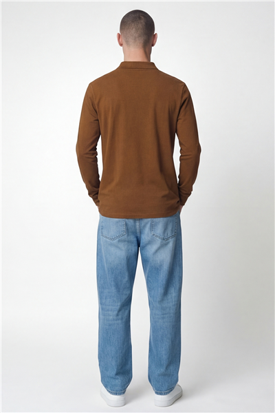 Giotelli Erkek Camel Normal Kesim Regular Fit %100 Pamuk Örme Uzun Kollu Polo Yaka Düğmeli Sweatshirt