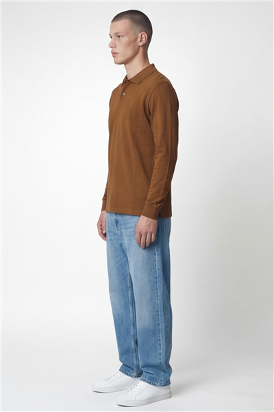 Giotelli Erkek Camel Normal Kesim Regular Fit %100 Pamuk Örme Uzun Kollu Polo Yaka Düğmeli Sweatshirt