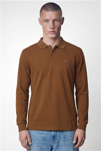 Giotelli Erkek Camel Normal Kesim Regular Fit %100 Pamuk Örme Uzun Kollu Polo Yaka Düğmeli Sweatshirt