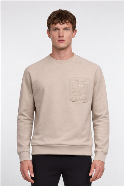 Giotelli Erkek Ekru Normal Kesim Regular Fit %100 Pamuk Örme Bisiklet Yaka Sweatshirt