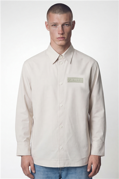 Giotelli Erkek Ekru Normal Kesim Regular Fit Dokuma Uzun Kollu Gömlek Yaka Çıtçıt Düğme Ceket Gömlek