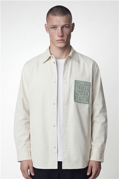 Giotelli Erkek Ekru Normal Kesim Regular Fit Dokuma Uzun Kollu Gömlek Yaka Çıtçıt Düğme Gömlek