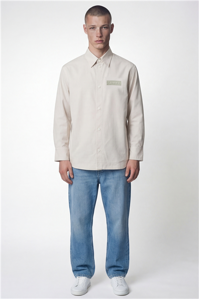 Giotelli Erkek Ekru Normal Kesim Regular Fit Dokuma Uzun Kollu Gömlek Yaka Çıtçıt Düğme Ceket Gömlek