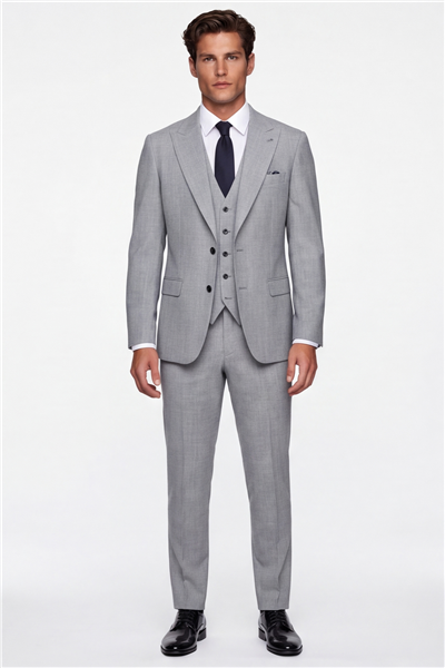 Giotelli Erkek Gri Dar Kesim Slim Fit Viskon 6 Drop Yelekli Takım Elbise