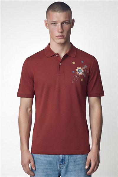 Giotelli Erkek Kiremit Dar Kesim Slim Fit %100 Pamuk Nakışlı Düğmeli Polo Yaka Tişört
