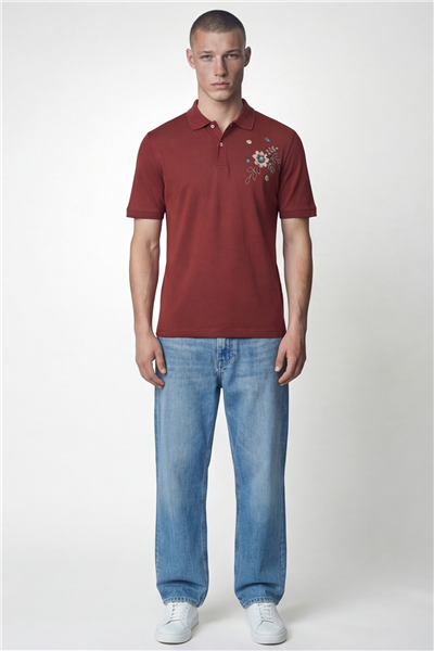 Giotelli Erkek Kiremit Dar Kesim Slim Fit %100 Pamuk Nakışlı Düğmeli Polo Yaka Tişört