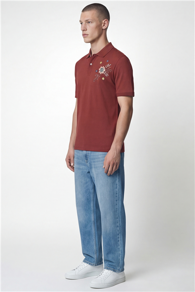Giotelli Erkek Kiremit Dar Kesim Slim Fit %100 Pamuk Nakışlı Düğmeli Polo Yaka Tişört