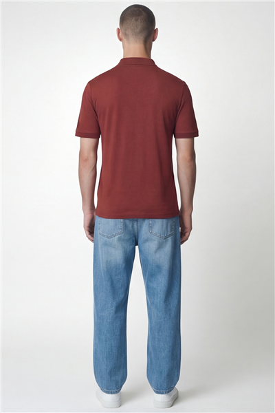 Giotelli Erkek Kiremit Dar Kesim Slim Fit %100 Pamuk Nakışlı Düğmeli Polo Yaka Tişört