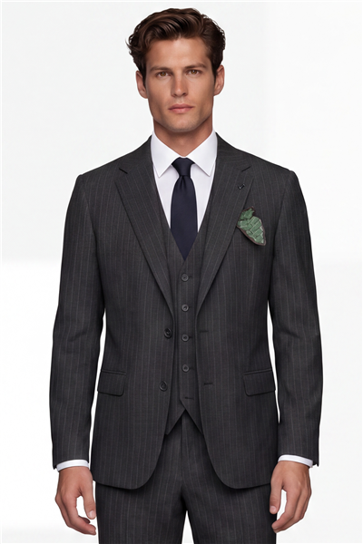 Giotelli Erkek Koyu Gri Dar Kesim Slim Fit Viskon Çizgili Yan Cep Normal Bel 6 Drop Takım Elbise