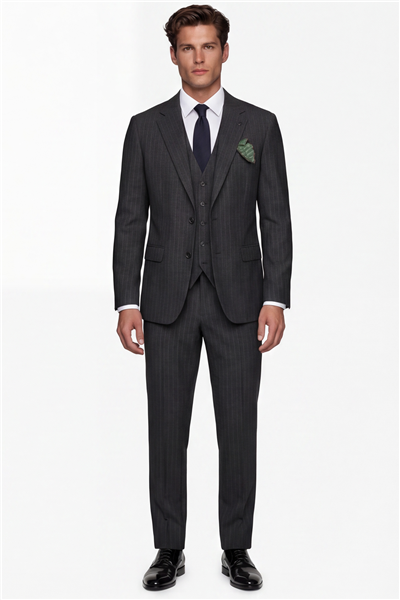 Giotelli Erkek Koyu Gri Dar Kesim Slim Fit Viskon Çizgili Yan Cep Normal Bel 6 Drop Takım Elbise