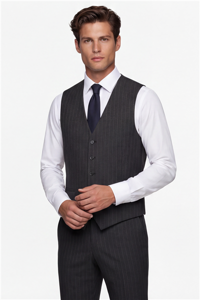 Giotelli Erkek Koyu Gri Dar Kesim Slim Fit Viskon Çizgili Yan Cep Normal Bel 6 Drop Takım Elbise
