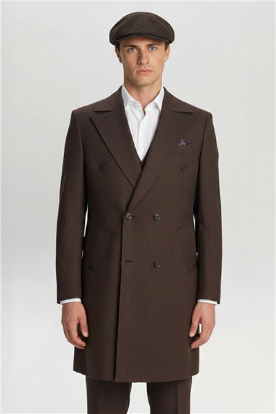  Giotelli Erkek Koyu Kahve Dar Kesim Slim Fit Ekose Mono Yaka Kemerli Bel 6 Drop Dokuma Standart Boy Yan Cep Klasik Paça Tam Astarlı Çift Yırtmaç 5li Takım Elbise