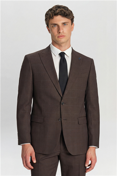  Giotelli Erkek Koyu Kahve Dar Kesim Slim Fit Ekose Mono Yaka Kemerli Bel 6 Drop Dokuma Standart Boy Yan Cep Klasik Paça Tam Astarlı Çift Yırtmaç 5li Takım Elbise