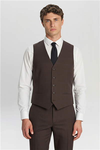  Giotelli Erkek Koyu Kahve Dar Kesim Slim Fit Ekose Mono Yaka Kemerli Bel 6 Drop Dokuma Standart Boy Yan Cep Klasik Paça Tam Astarlı Çift Yırtmaç 5li Takım Elbise