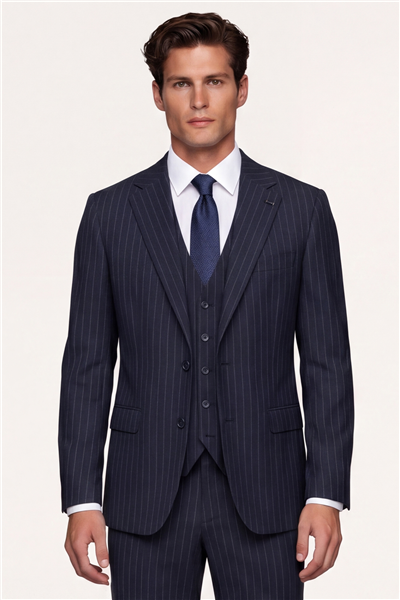 Giotelli Erkek Koyu Lacivert Dar Kesim Slim Fit Viskon Çizgili Yan Cep Normal Bel 6 Drop Takım Elbise
