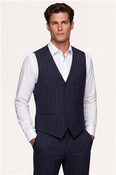 Giotelli Erkek Koyu Lacivert Dar Kesim Slim Fit Viskon Çizgili Yan Cep Normal Bel 6 Drop Takım Elbise
