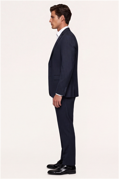Giotelli Erkek Koyu Lacivert Dar Kesim Slim Fit Viskon Çizgili Yan Cep Normal Bel 6 Drop Takım Elbise