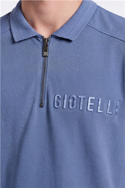 Giotelli Erkek Koyu Mavi Normal Kesim Regular Fit Kısa Kollu Fermuarlı Dik Yaka Tişört