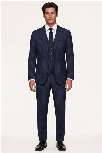 Giotelli Erkek Lacivert Dar Kesim Slim Fit Viskon Çizgili Yan Cep Normal Bel 6 Drop Takım Elbise