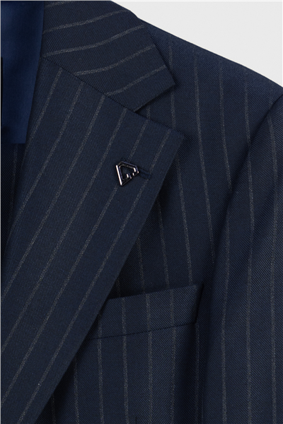Giotelli Erkek Lacivert Dar Kesim Slim Fit Viskon Çizgili Yan Cep Normal Bel 6 Drop Takım Elbise