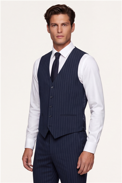 Giotelli Erkek Lacivert Dar Kesim Slim Fit Viskon Çizgili Yan Cep Normal Bel 6 Drop Takım Elbise