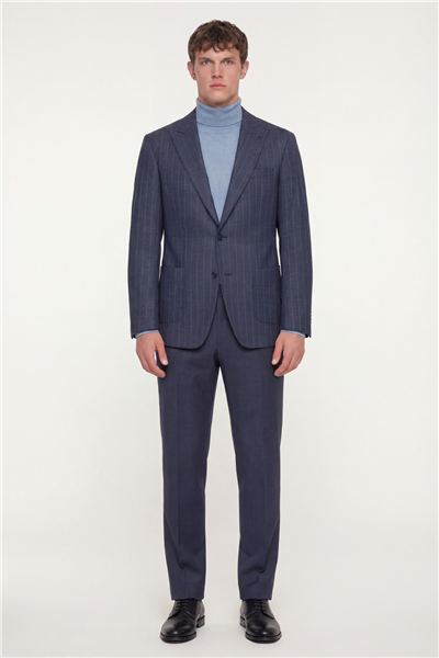 Giotelli Erkek Lacivert Dar Kesim Roma Kalıp Viskon Çizgili Çift Yırtmaçlı Astarsız Sivri Yaka 6 Drop Ceket