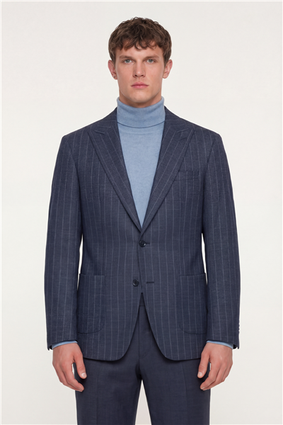 Giotelli Erkek Lacivert Dar Kesim Roma Kalıp Viskon Çizgili Çift Yırtmaçlı Astarsız Sivri Yaka 6 Drop Ceket