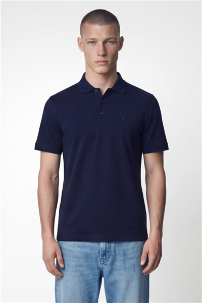 Giotelli Erkek Lacivert Dar Kesim Slim Fit %100 Pamuk Kısa Kollu Düğmeli Polo Yaka Tişört