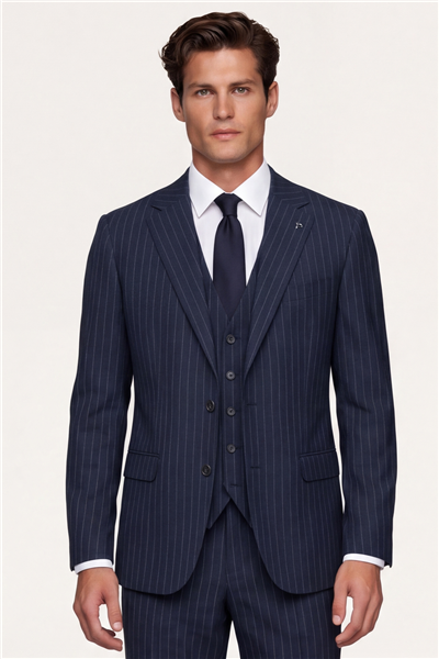 Giotelli Erkek Lacivert Dar Kesim Slim Fit Viskon Çizgili Yan Cep Normal Bel 6 Drop Takım Elbise