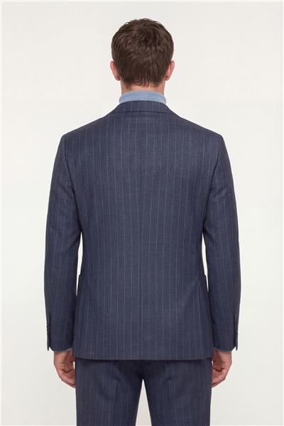 Giotelli Erkek Lacivert Dar Kesim Roma Kalıp Viskon Çizgili Çift Yırtmaçlı Astarsız Sivri Yaka 6 Drop Ceket