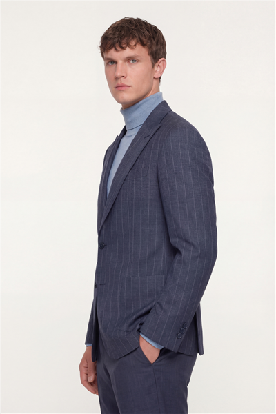 Giotelli Erkek Lacivert Dar Kesim Roma Kalıp Viskon Çizgili Çift Yırtmaçlı Astarsız Sivri Yaka 6 Drop Ceket