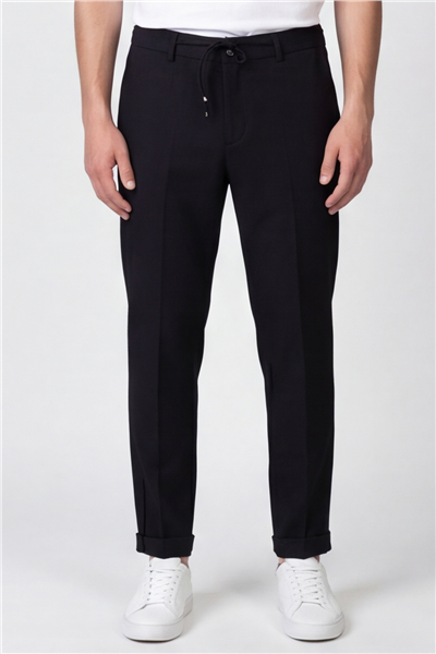 Giotelli Erkek Siyah Dar Kesim Slim Fit Viskon Dokuma Yan Cep Bağcıklı Bel Pantolon