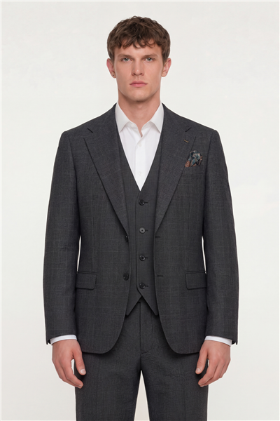 Giotelli Erkek Siyah Dar Kesim Slim Fit Viskon Dokuma Normal Bel 6 Drop Yelekli Klasik Takım Elbise