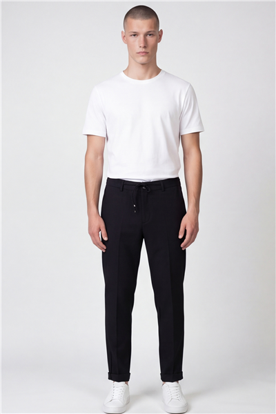 Giotelli Erkek Siyah Dar Kesim Slim Fit Viskon Dokuma Yan Cep Bağcıklı Bel Pantolon