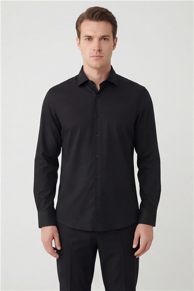 Giotelli Erkek Siyah Dar Kesim Slim Fit Dokuma Klasik Yaka Gömlek