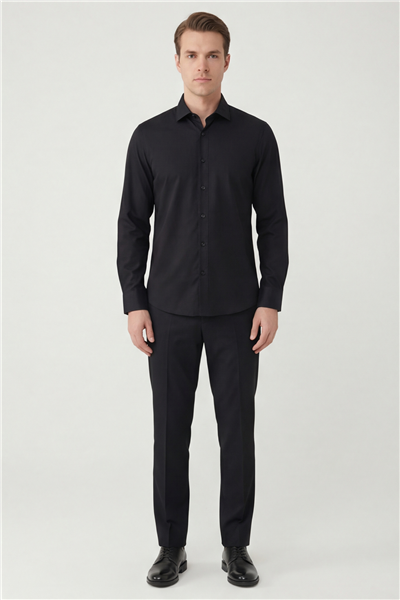 Giotelli Erkek Siyah Dar Kesim Slim Fit Dokuma Klasik Yaka Gömlek