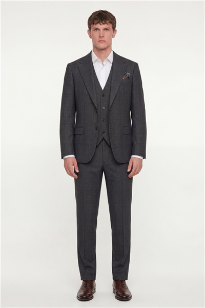 Giotelli Erkek Siyah Dar Kesim Slim Fit Viskon Dokuma Normal Bel 6 Drop Yelekli Klasik Takım Elbise