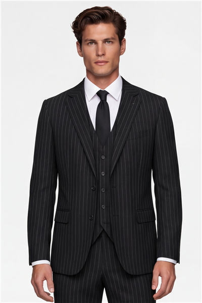 Giotelli Erkek Siyah Dar Kesim Slim Fit Viskon Çizgili Yan Cep Normal Bel 6 Drop Takım Elbise