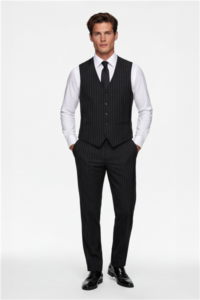 Giotelli Erkek Siyah Dar Kesim Slim Fit Viskon Çizgili Yan Cep Normal Bel 6 Drop Takım Elbise