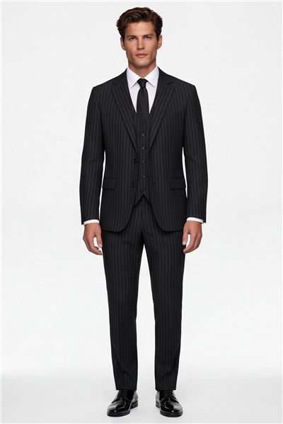 Giotelli Erkek Siyah Dar Kesim Slim Fit Viskon Çizgili Yan Cep Normal Bel 6 Drop Takım Elbise