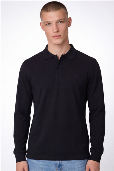 Giotelli Erkek Siyah Normal Kesim Regular Fit %100 Pamuk Örme Uzun Kollu Polo Yaka Düğmeli Sweatshirt