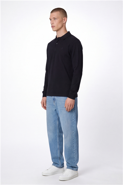 Giotelli Erkek Siyah Normal Kesim Regular Fit %100 Pamuk Örme Uzun Kollu Polo Yaka Düğmeli Sweatshirt