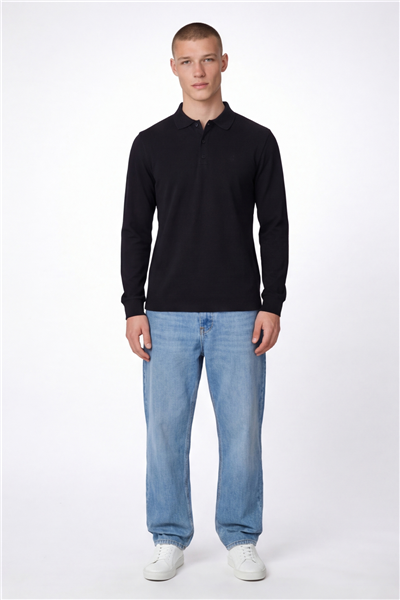 Giotelli Erkek Siyah Normal Kesim Regular Fit %100 Pamuk Örme Uzun Kollu Polo Yaka Düğmeli Sweatshirt