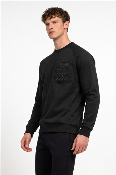 Giotelli Erkek Siyah Normal Kesim Regular Fit %100 Pamuk Örme Bisiklet Yaka Sweatshirt